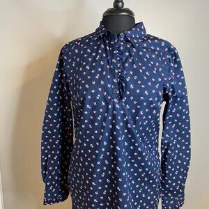 Banana Republic Button Down Blue Shirt with Flower Print + Ruffle Sleeves Medium